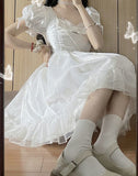 Elegant White Sweet Summer Japanese Fairy Party Mini Korean Bow Chic Lolita Kawaii Dress