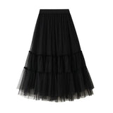 Long Maxi Women Korean Irregular Ruffle High Waist Pleated Skirt Mesh Asymmetrical Tutu Skirt