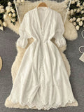 Vintage Cutwork Embroidery Dress V Neck Short Sleeve Front Button Up Elegant Midi Dress