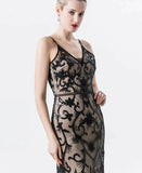 Vintage Floral Sequin Embroidered Mesh Maxi Dresses for Women Spaghetti Strap V-Neck Sexy Evening Prom Party Long Dress