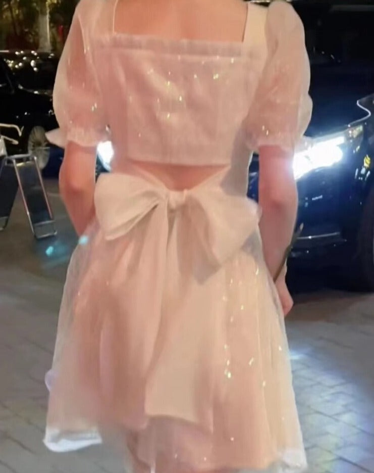Summer Glitter Bow Sweet Off Shoulder Solid Fairy Korean Designer Bandage Party Dress