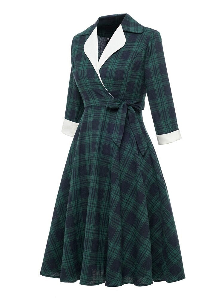 Notched Collar Vintage Green Plaid High Waist Wrap Dress Autumn Winter Women 3/4 Length Sleeve 1950 A-Line Midi Dresses
