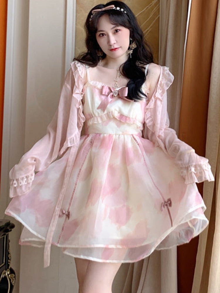 Summer Casual Bow Sweet Strap Ruffle Flounce Bandage Tulle Fairy Mini Hem Lace Mesh Princess Dress