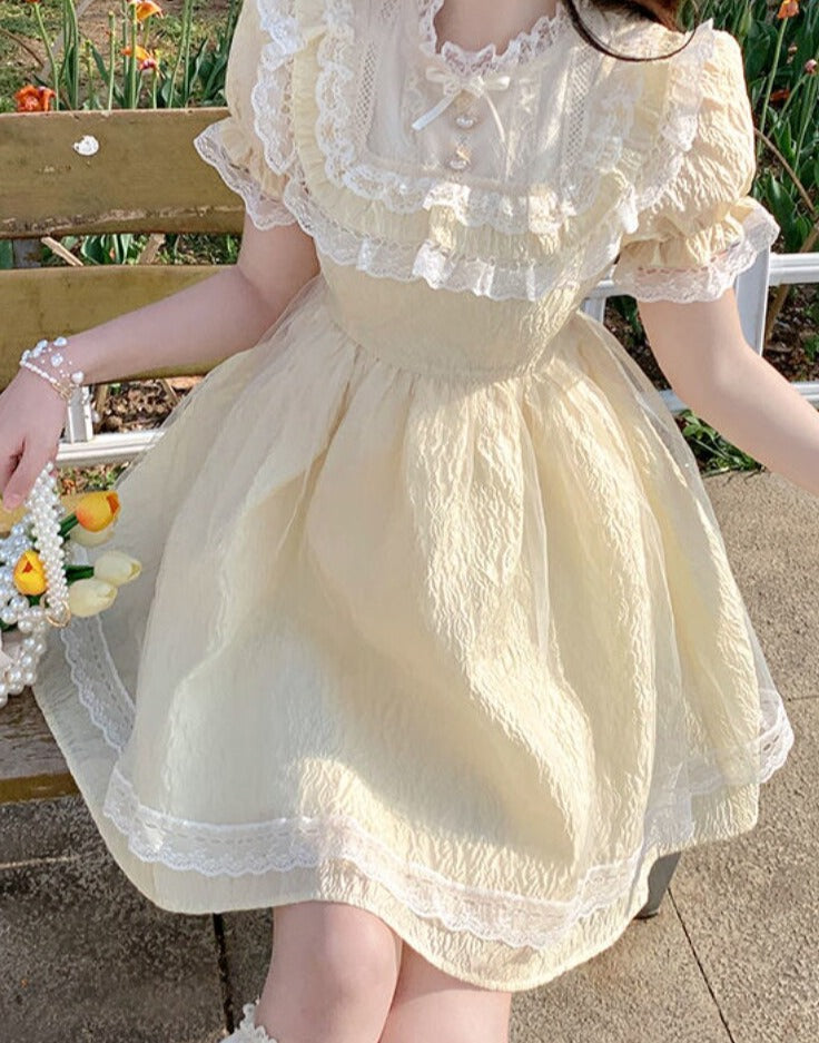 Summer Lace Fairy Patchwork Puff Sleeve Fluffy Sweet Mini Korean Slim Fit Cute Party Dress