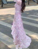 Summer Split Floral Elegant Midi Casual Ruffle Flounce Sweet Princess Slim Fit Lace Vacation Dress