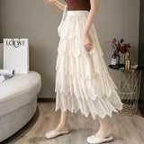 High Waist Lace Women Spring Korean Style All-match Ladies Elegant A-line Long Skirt