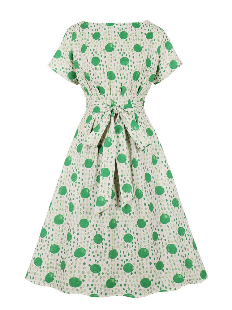 Vintage Look Vacation Outfits Green Dot Summer Bow Tie High Waist Elegant Pocket Midi Dress