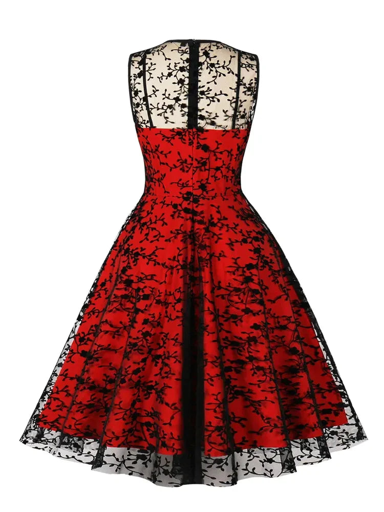 Tie Neck Sleeveless Keyhole Front Mesh Overlay Women Vintage Midi Dres FashionLoveHunter Tie Neck Sleeveless Keyhole Front Mesh Overlay Women Vintage Midi Dres FashionLoveHunter
