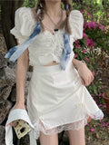 Summer Lace Bow Sweet Women Korean Shirring Cute Mini Skirt Set Puff Sleeve Slim Party Suits