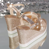 Summer Wedges Shiny Crystal Ankle Strap Platform Sandals Woman Peep Toe High Heels Shoes