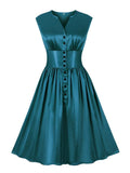 V-Neck Single Breasted High Waist Sleeveless Vintage Pleated Women Knee Length Party Dresses
