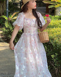 Summer Chiffon Floral Elegant Midi Casual Puff Sleeve Sweet Princess Vintage Lace Vacation Dress