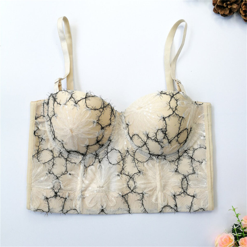 Summer 2022 Sexy Female Embroidery Sequins Corset Nightclub Party Women Crop Top Built In Bra Cropped Lingerie Push Up Bustier