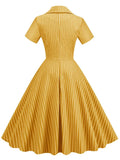Notched Collar Striped High Waist Vintage Outfits for Women Short Sleeve Mid-Calf Length Midi Dress