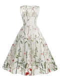Floral Embroidered Mesh Overlay Vintage Long Dresses for Women High Waist Birthday Party Elegant Summer Dress