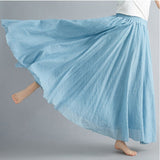 Cotton and Linen Elastic Waist Linen A-line Skirt Long Solid Color Ethnic Dress