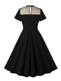 Lace Stand Collar Mesh Elegant Black Vintage Swing Dresses Party Evening Women Keyhole Back Summer Long Dress
