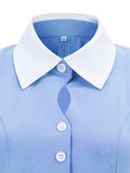 Light Blue Women Turn-Down Collar Button Up Vintage Style Midi Dress Sleeveless Elegant Ladies Pocket Swing Dresses