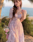 Summer Chiffon Printing Split Princess Puff Sleeve Ruffles Sweet Chic Retro Midi Dress
