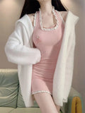 Hot Girl Outfits Women Suit Cardigan Mini Wrap Pink Knitted Knitted Two Piece Sets Dress