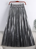 Spring Women Metallic Pleated Skirt Elastic High Waist Elegant Vintage Midi Skirt