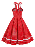 Halter Neck Buttons Polka Dot Women Rockabilly Vintage Pleated Dress Cotton Elegant Party Wear Ladies Dresses 1950s