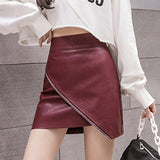 Women A-line Spring Korean Style Vintage PU Leather All-match Ladies High Waist Short Skirt