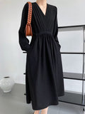 Elegant V-Neck A-Line Long Women Casual Solid Lace-up Dress High Waist Vestidos