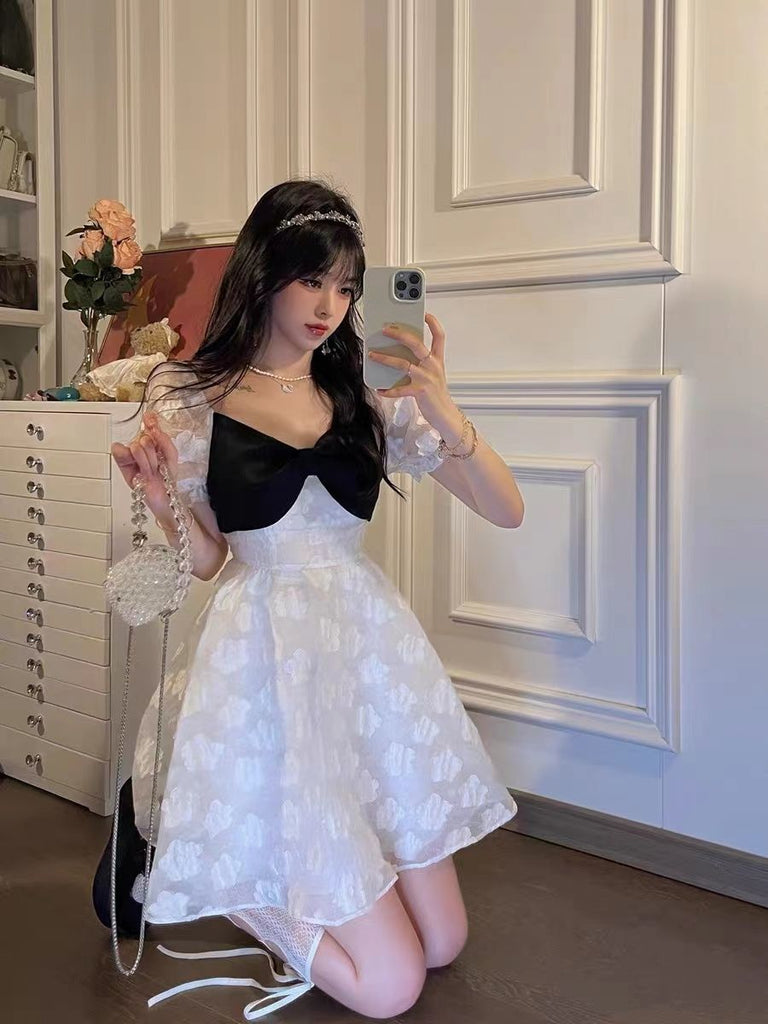 Summer Bow Floral Fairy Chiffon Puff Sleeve Fluffy Sweet Mini Korean Slim Fit Party Dress