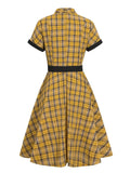 Yellow Plaid Women Vintage Style Rockabilly Dress Button Up High Waist Belted A Line Elegant Ladies Midi Dresses