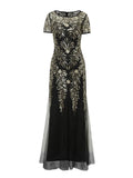 Vintage 1920s Style Evening Party Flapper Dress Women Banquet Cocktail Elegant Luxury Sequin Mesh Overlay Long Dresses