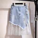 Summer Lace Stitching Denim High Waist Casual Long Retro Midi Jean Skirts