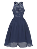 Lace and Chiffon Pleated Summer Elegant Women Midi Dresses Sleeveless Vintage High Waist Fit and Flare Party Dress