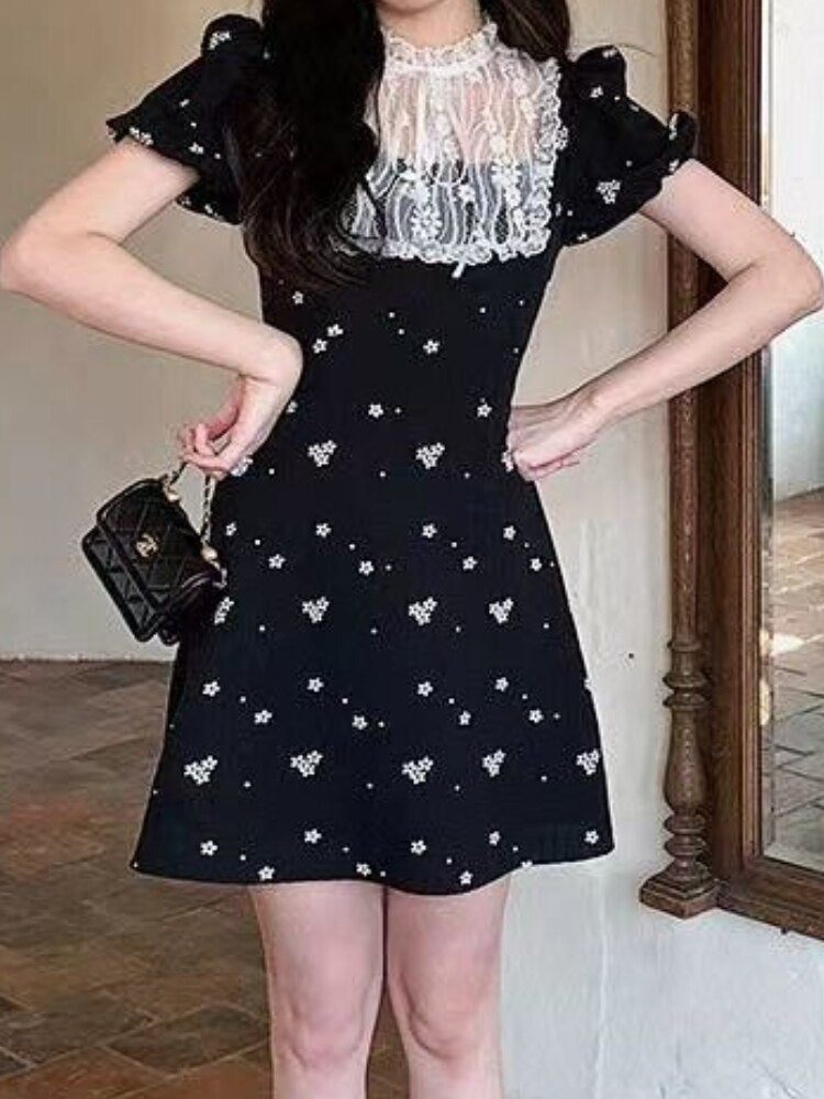 Summer Lace Floral Fairy Patchwork Puff Sleeve Retro Mini Korean Slim Fit Cute Party Dress