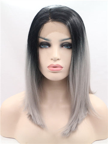 Short Black Grayish Ombre Bob Synthetic Lace Front Wig - FashionLoveHunter