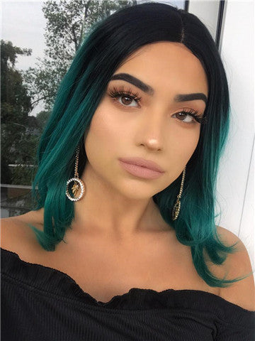 Short Black To Green Ombre Bob Synthetic Lace Front Wig - FashionLoveHunter