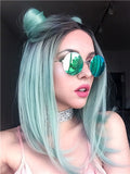 Short Black To Mint Green Bob Synthetic Lace Front Wig - FashionLoveHunter