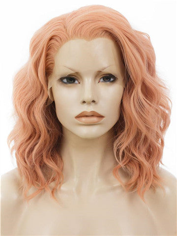 Short Clivia Peach Curly Bob Synthetic Lace Front Wig - FashionLoveHunter