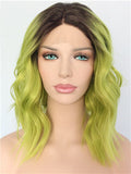 Short Olive Lime Yellow Green Ombre Wave Synthetic Lace Front Wig