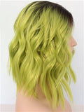 Short Olive Lime Yellow Green Ombre Wave Synthetic Lace Front Wig