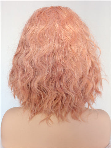 Short Peach Pink Kinky Curly Synthetic Lace Front Wig - FashionLoveHunter