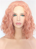 Short Peach Pink Kinky Curly Synthetic Lace Front Wig - FashionLoveHunter