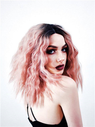 Short Peach Pink Ombre Bob Curly Synthetic Lace Front Wig - FashionLoveHunter