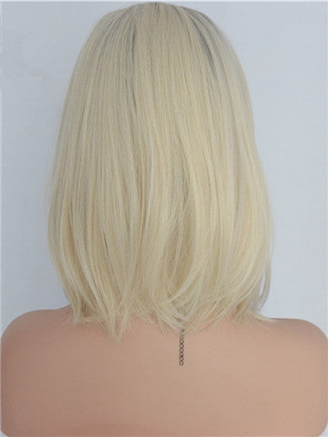 Short Platinum Blond Ombre Straight Synthetic Lace Front Wig - FashionLoveHunter