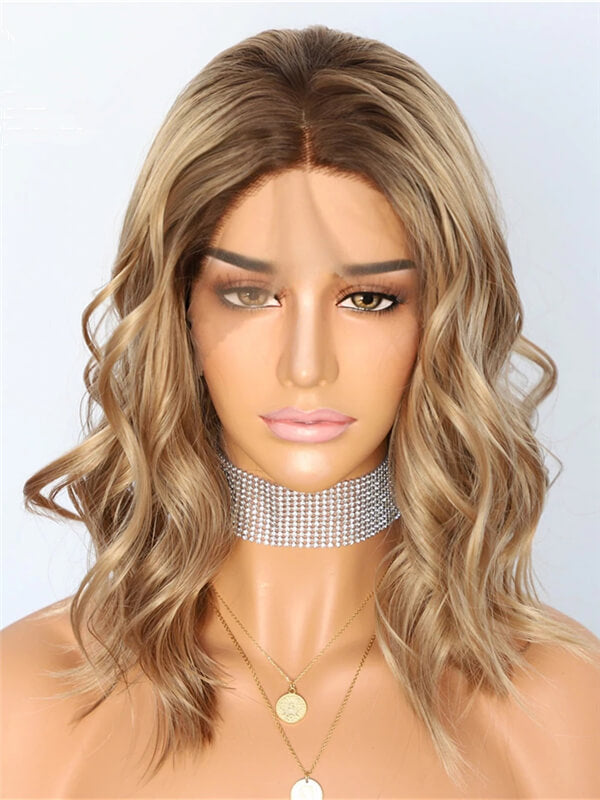 Short Sandy Brown Medium Golden Ombre Wave Synthetic Lace Front Wig