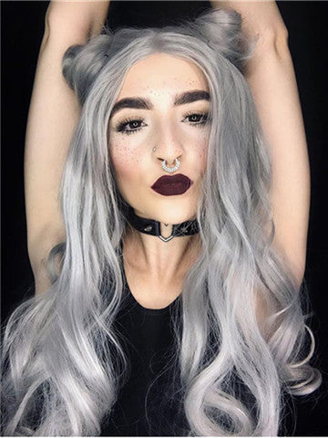 Long Pepper Silver Grey Wave Synthetic Lace Front Wig - FashionLoveHunter