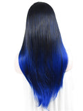 Long Dark Root Blue Highlight Ombre Straight Synthetic Lace Front Wig - FashionLoveHunter