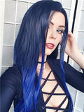 Long Dark Root Blue Highlight Ombre Straight Synthetic Lace Front Wig - FashionLoveHunter