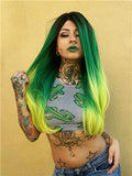 Long Forest Green To Yellow Ombre Straight Synthetic Lace Front Wig - FashionLoveHunter