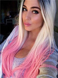 Long Warm Pink Strawberry Milkshake Ombre Synthetic Lace Front Wig - FashionLoveHunter